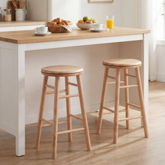 Set of 2 Swivel Counter Stools in Natural Rubber Wood with Crossbars, 24 Inch Seat Height