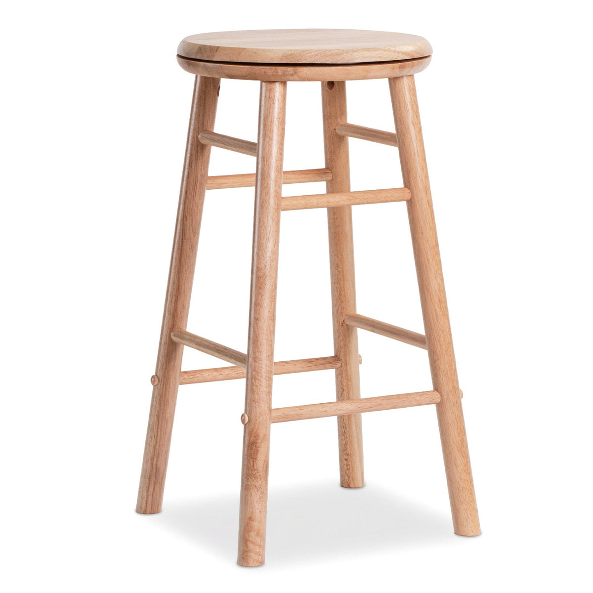 Set of 2 Swivel Counter Stools in Natural Rubber Wood with Crossbars, 24 Inch Seat Height