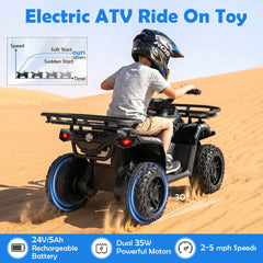 24V Kids Ride On ATV Quad with Dual 35W Motors, Detachable Storage Baskets, Soft Start and LED Lights, 66 lb, Black