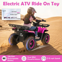 24V Kids Ride On ATV Quads, Pair of Two, One Black and One Pink, Dual 35W Motors and Storage Baskets, 66 lb Each