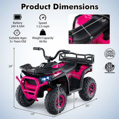 24V Kids Ride On ATV Quad with Music, Stories, FM Radio, USB and Rear Rack, 66 lb, Pink