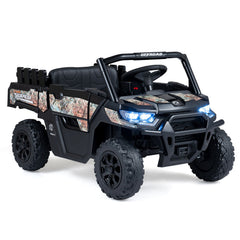 24V Kids Ride On Off Road Utility Truck with Speed Indicator Remote, Rear Shocks and Tipping Bed, 66 lb, Black Camouflage