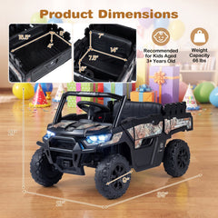 24V Kids Ride On Off Road Utility Truck with Speed Indicator Remote, Rear Shocks and Tipping Bed, 66 lb, Black Camouflage