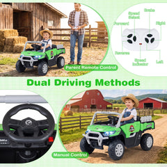 24V Kids Ride On Off Road Utility Truck with Tipping Load Bed, Parent Remote and Rear Shocks, 66 lb, Green