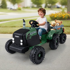 24V Kids Ride On Tractor with Detachable Trailer, Dual 50W Motors, 24V 9Ah Battery and 3 Speed Remote, Dark Green