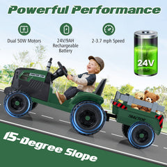 24V Kids Ride On Tractor with Detachable Trailer, Dual 50W Motors, 24V 9Ah Battery and 3 Speed Remote, Dark Green