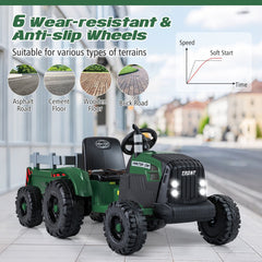 24V Kids Ride On Tractor with Detachable Trailer, Dual 50W Motors, 24V 9Ah Battery and 3 Speed Remote, Dark Green