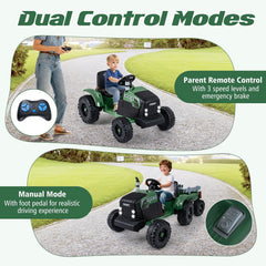 24V Kids Ride On Tractor with Detachable Trailer, Dual 50W Motors, 24V 9Ah Battery and 3 Speed Remote, Dark Green