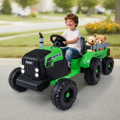 24V Kids Ride On Tractor with 2 in 1 Trailer Design, Six Anti Slip Wheels, Soft Start and Radio, Green