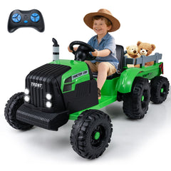 24V Kids Ride On Tractor with 2 in 1 Trailer Design, Six Anti Slip Wheels, Soft Start and Radio, Green