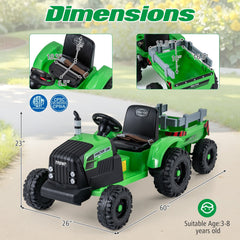 24V Kids Ride On Tractor with 2 in 1 Trailer Design, Six Anti Slip Wheels, Soft Start and Radio, Green