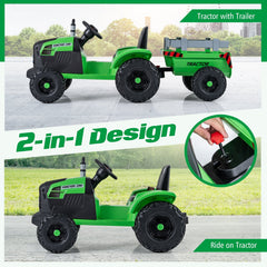 24V Kids Ride On Tractor with 2 in 1 Trailer Design, Six Anti Slip Wheels, Soft Start and Radio, Green