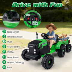 24V Kids Ride On Tractor with 2 in 1 Trailer Design, Six Anti Slip Wheels, Soft Start and Radio, Green