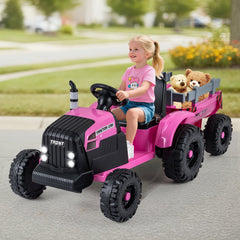 24V Kids Ride On Tractor with Detachable Trailer, 15 Degree Slope Claim and Dual Control Modes, Pink