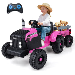 24V Kids Ride On Tractor with Detachable Trailer, 15 Degree Slope Claim and Dual Control Modes, Pink