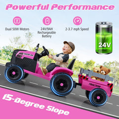 24V Kids Ride On Tractor with Detachable Trailer, 15 Degree Slope Claim and Dual Control Modes, Pink