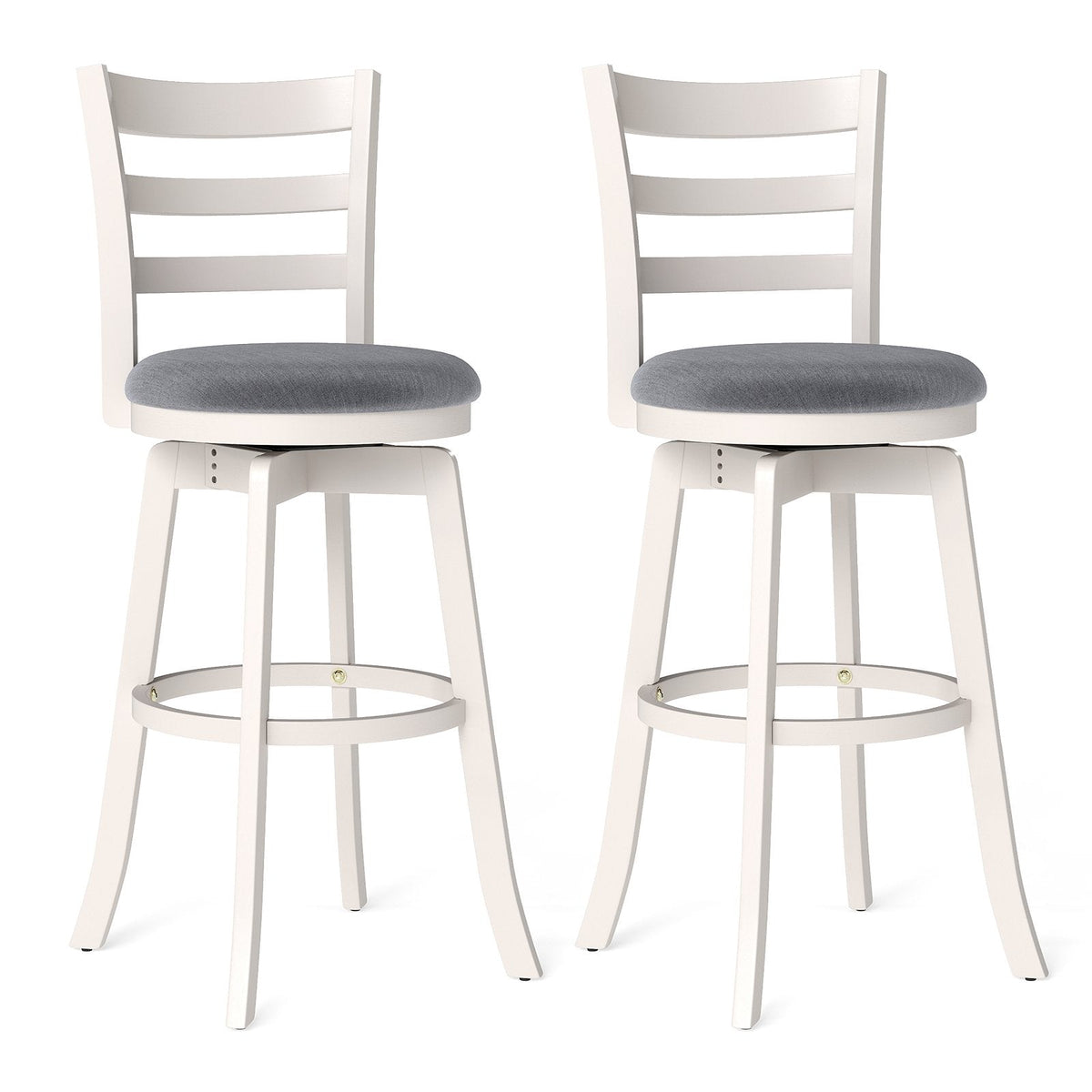Set of 2 White Ladder Back Swivel Bar Stools with Round Grey Seat, 30.5 Inch Seat Height