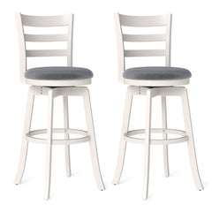 Set of 2 White Ladder Back Swivel Bar Stools with Round Grey Seat, 30.5 Inch Seat Height