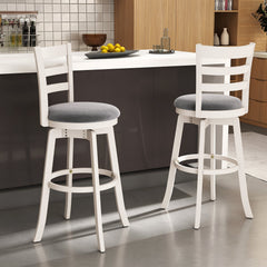 Set of 2 White Ladder Back Swivel Bar Stools with Round Grey Seat, 30.5 Inch Seat Height