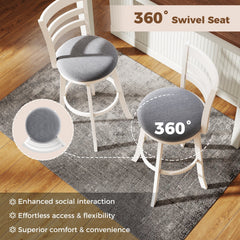 Set of 2 White Ladder Back Swivel Bar Stools with Round Grey Seat, 30.5 Inch Seat Height