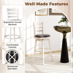 Set of 2 White Ladder Back Swivel Bar Stools with Round Grey Seat, 30.5 Inch Seat Height