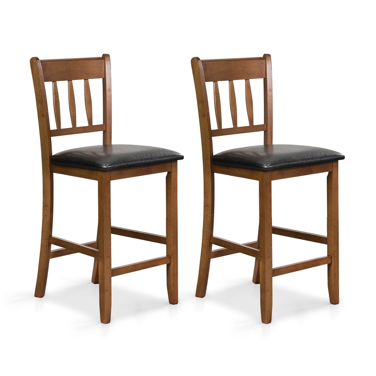 Set of 2 Counter Height Chairs, 25.5 Inch Seat, Walnut Rubber Wood with Black Faux Leather Seat and 8 Inch Footrest