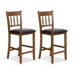 Set of 2 Counter Height Chairs, 25.5 Inch Seat, Walnut Rubber Wood with Black Faux Leather Seat and 8 Inch Footrest
