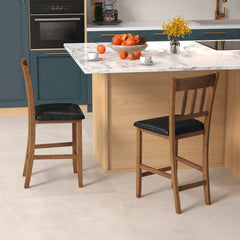 Set of 2 Counter Height Chairs, 25.5 Inch Seat, Walnut Rubber Wood with Black Faux Leather Seat and 8 Inch Footrest