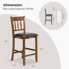 Set of 2 Counter Height Chairs, 25.5 Inch Seat, Walnut Rubber Wood with Black Faux Leather Seat and 8 Inch Footrest