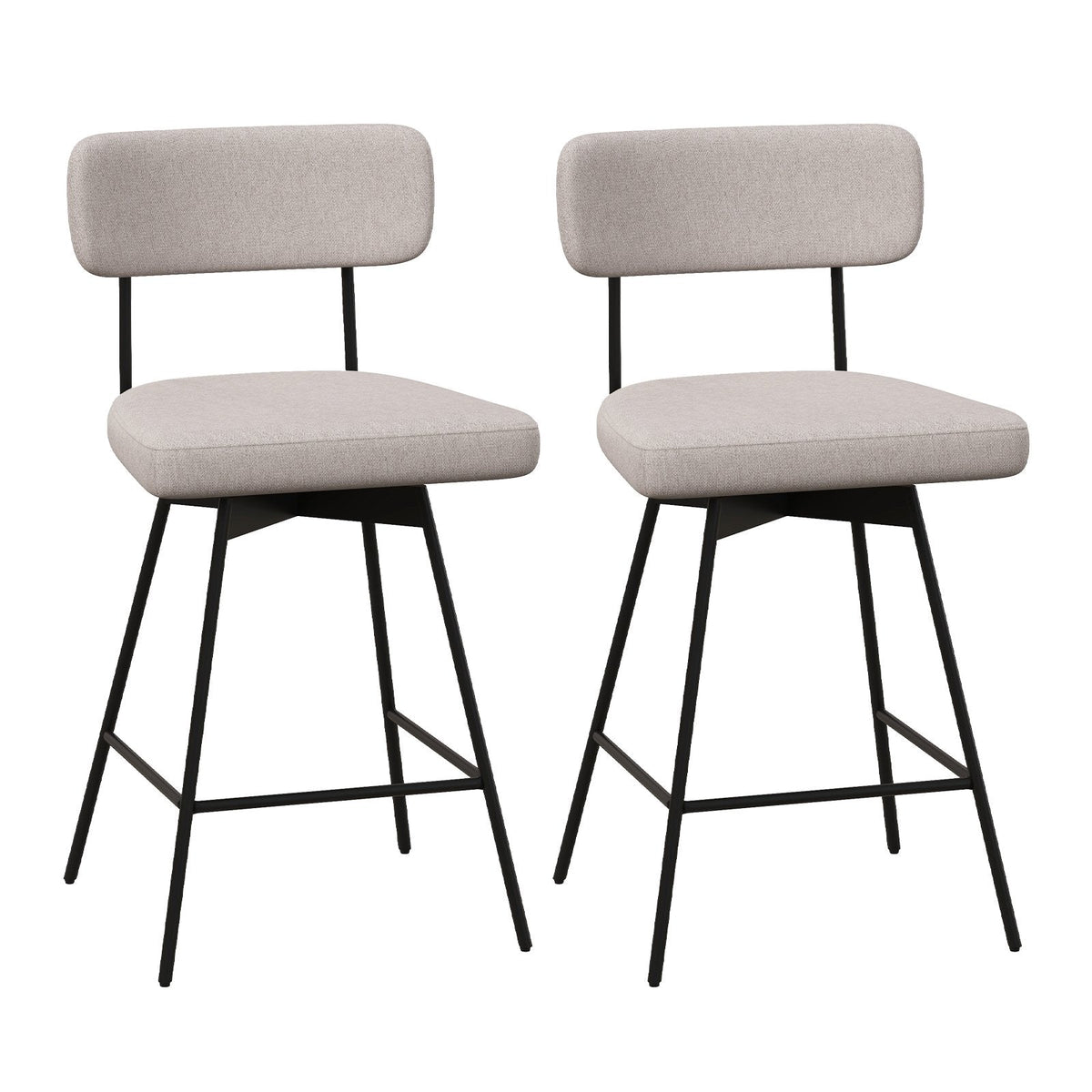 Set of 2 Swivel Counter Stools with Floating Back and Beige Linen Seat, 25 Inch Seat Height
