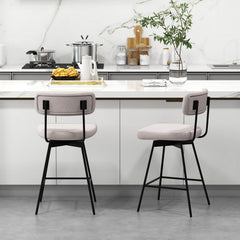 Set of 2 Swivel Counter Stools with Floating Back and Beige Linen Seat, 25 Inch Seat Height