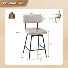 Set of 2 Swivel Counter Stools with Floating Back and Beige Linen Seat, 25 Inch Seat Height
