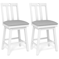 Set of 2 White Swivel Counter Stools with Slat Back and Grey Padded Seat, 25 Inch Seat Height