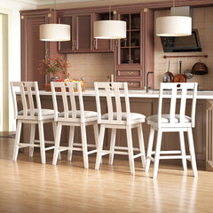 Set of 2 White Swivel Counter Stools with Slat Back and Grey Padded Seat, 25 Inch Seat Height