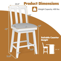 Set of 2 White Swivel Counter Stools with Slat Back and Grey Padded Seat, 25 Inch Seat Height