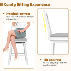 Set of 2 White Swivel Counter Stools with Slat Back and Grey Padded Seat, 25 Inch Seat Height