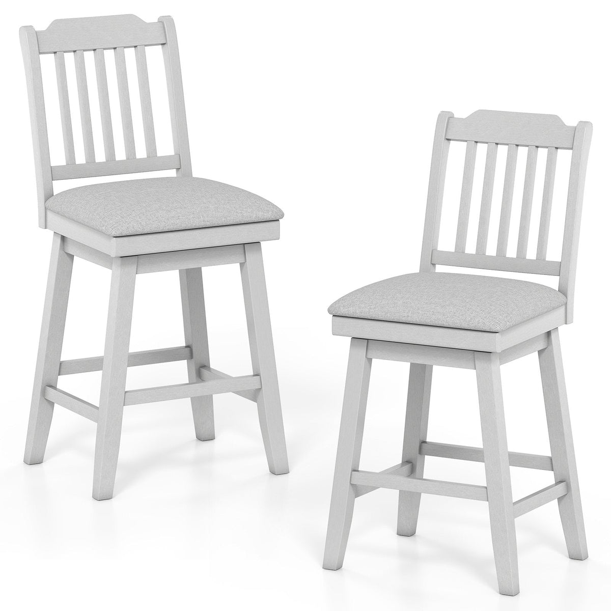 Set of 2 Grey Swivel Counter Stools with Slatted Back and Padded Seat, 25 Inch Seat Height