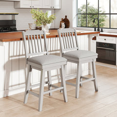Set of 2 Grey Swivel Counter Stools with Slatted Back and Padded Seat, 25 Inch Seat Height