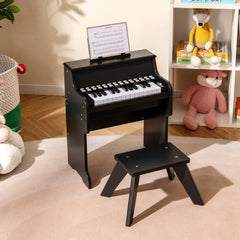 25 Keys Kids Piano Keyboard with Stool Mini Digital Piano Wooden Toy with Adjustable Speed and Volume-Black