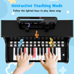 25 Keys Kids Piano Keyboard with Stool Mini Digital Piano Wooden Toy with Adjustable Speed and Volume-Black