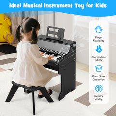 25 Keys Kids Piano Keyboard with Stool Mini Digital Piano Wooden Toy with Adjustable Speed and Volume-Black