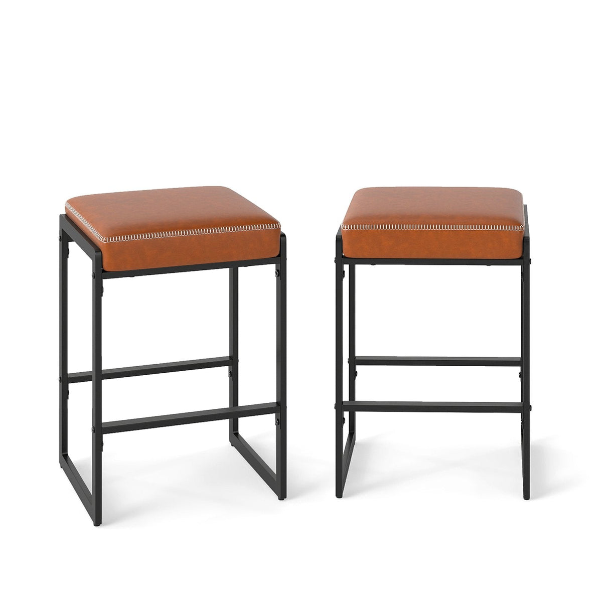 Set of 2 Backless Counter Stools with 4 Inch Cushion, Brown Faux Leather and Sled Frame, 26 Inch Seat