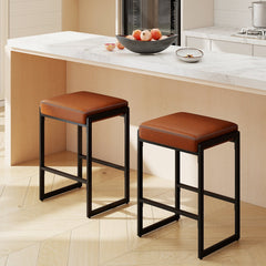 Set of 2 Backless Counter Stools with 4 Inch Cushion, Brown Faux Leather and Sled Frame, 26 Inch Seat