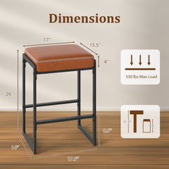 Set of 2 Backless Counter Stools with 4 Inch Cushion, Brown Faux Leather and Sled Frame, 26 Inch Seat