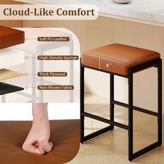 Set of 2 Backless Counter Stools with 4 Inch Cushion, Brown Faux Leather and Sled Frame, 26 Inch Seat