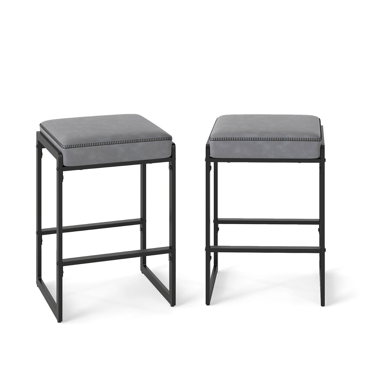 Set of 2 Backless Counter Stools with 4 Inch Cushion, Grey Faux Leather and Sled Frame, 26 Inch Seat