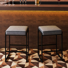 Set of 2 Backless Counter Stools with 4 Inch Cushion, Grey Faux Leather and Sled Frame, 26 Inch Seat