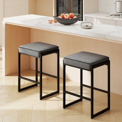 Set of 2 Backless Counter Stools with 4 Inch Cushion, Grey Faux Leather and Sled Frame, 26 Inch Seat