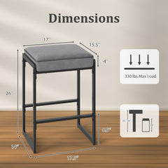 Set of 2 Backless Counter Stools with 4 Inch Cushion, Grey Faux Leather and Sled Frame, 26 Inch Seat