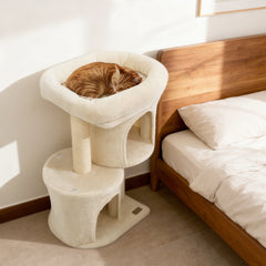 26 Inch Cat Tower with Large Padded Perch Bed and Two Condos, Sisal Post, Beige